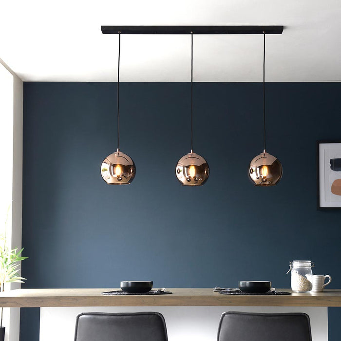 Boli Copper Mirrored Glass Shades 3 Lights Linear Pendant Light In Matt Black