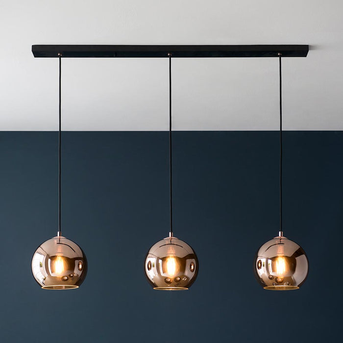 Boli Copper Mirrored Glass Shades 3 Lights Linear Pendant Light In Matt Black