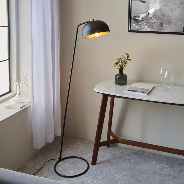 Brair Metal Floor Lamp In Matt Black With Antique Brass Plated Details