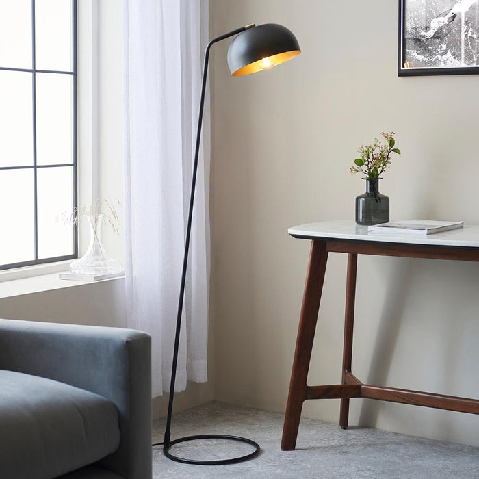 Brair Metal Floor Lamp In Matt Black With Antique Brass Plated Details