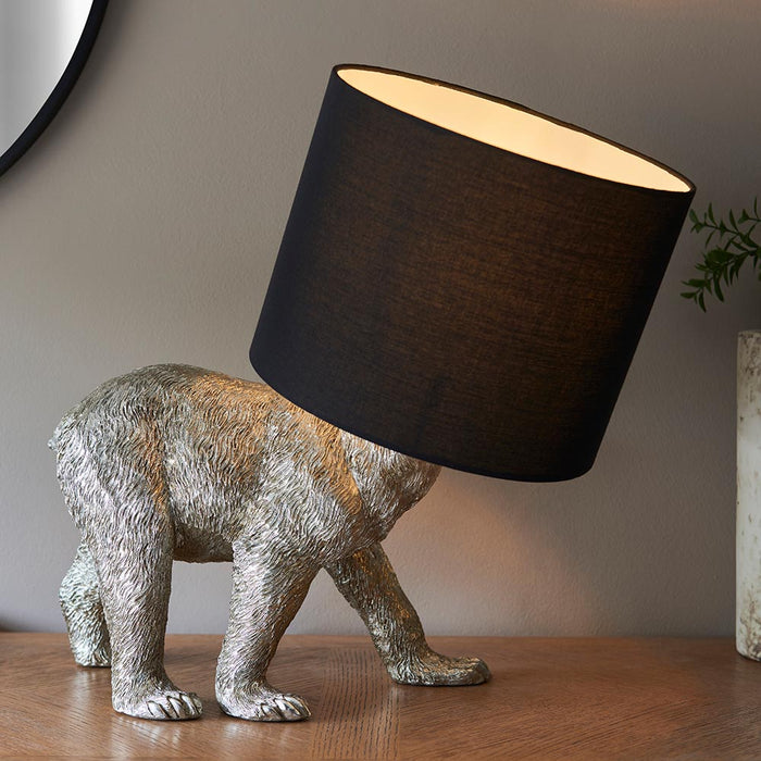 Barack Black Fabric Shade Bear Table Lamp In Silver