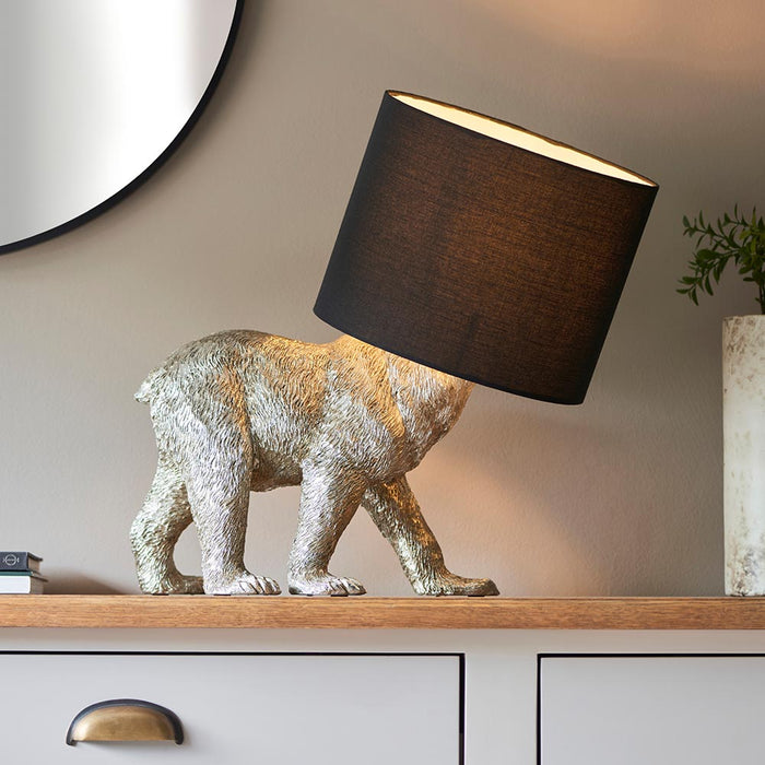 Barack Black Fabric Shade Bear Table Lamp In Silver