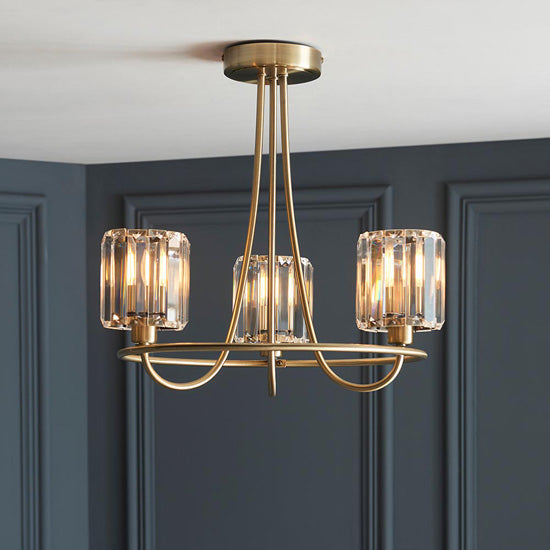 Berenice 3 Lights Clear Glass Shades Semi Flush Ceiling Light In Antique Brass