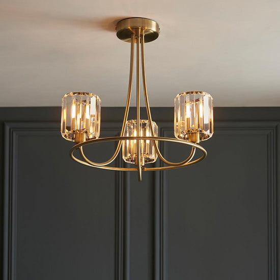 Berenice 3 Lights Clear Glass Shades Semi Flush Ceiling Light In Antique Brass