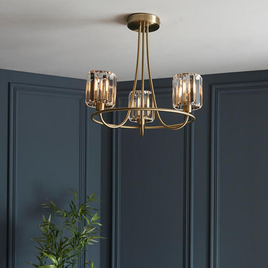 Berenice 3 Lights Clear Glass Shades Semi Flush Ceiling Light In Antique Brass