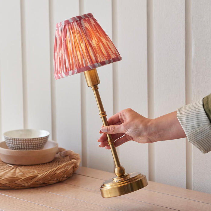 Burley Rechargeable And Ikat 16cm Coral Pink Shade Table Lamp In Brushed Aged Brass