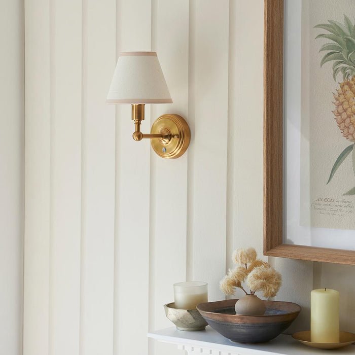 Burley Rechargeable And Ivy 16cm Vintage White Shade Wall Light In Brushed Aged Brass