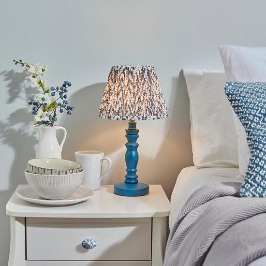 Bibury And Leaf 20cm Pearl Grey Fabric Shade Table Lamp In Satin Marlin Blue