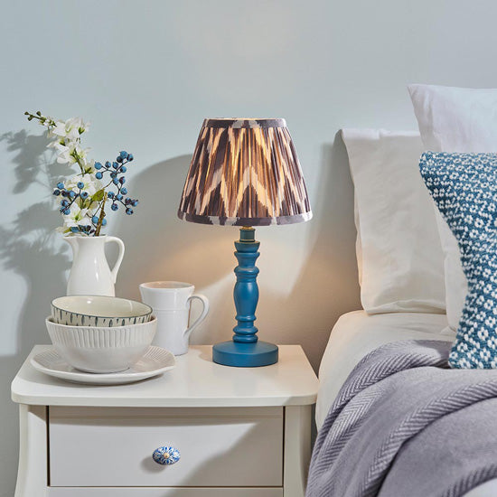 Bibury And Zigzag 20cm Pearl Grey Fabric Shade Table Lamp In Satin Marlin Blue