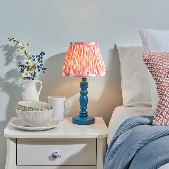 Bibury And Ikat 20cm Coral Pink Fabric Shade Table Lamp In Satin Marlin Blue