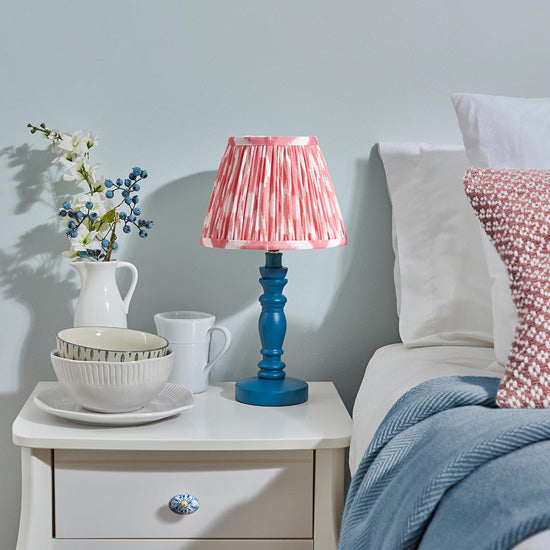 Bibury And Ikat 20cm Coral Pink Fabric Shade Table Lamp In Satin Marlin Blue