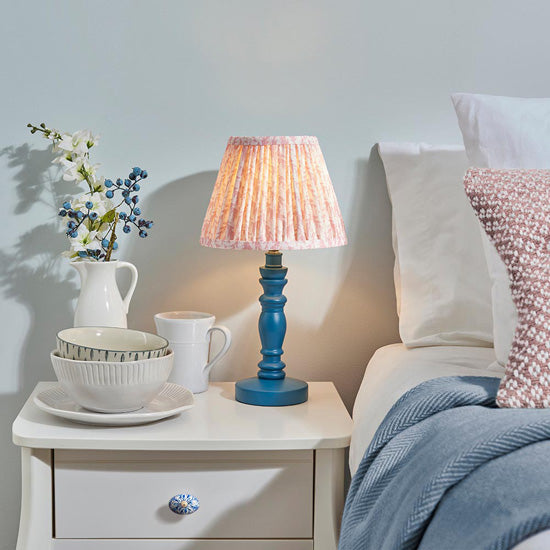 Bibury And Leaf 20cm Peachy Keen Fabric Shade Table Lamp In Satin Marlin Blue