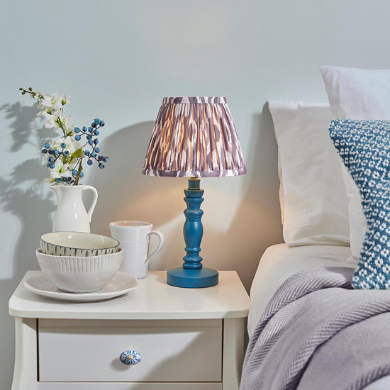 Bibury And Ikat 20cm Pearl Grey Fabric Shade Table Lamp In Satin Marlin Blue