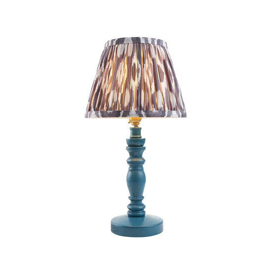 Bibury And Ikat 20cm Pearl Grey Fabric Shade Table Lamp In Satin Marlin Blue