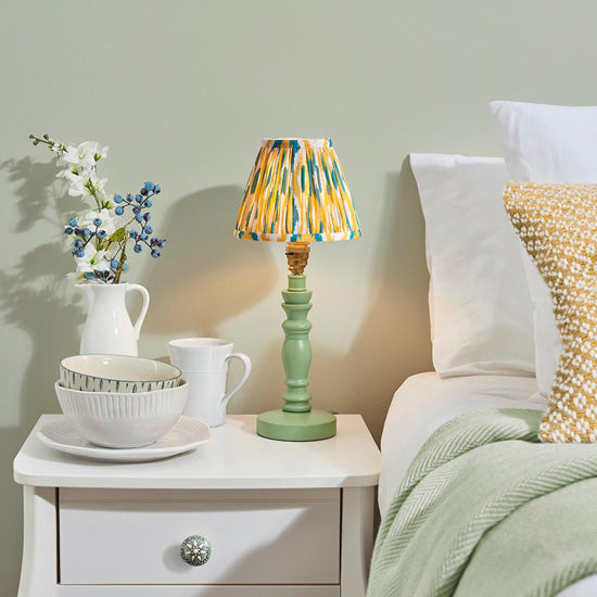 Bibury And Ikat 16cm Yellow And Jade Fabric Shade Table Lamp In Satin Cotswold Green