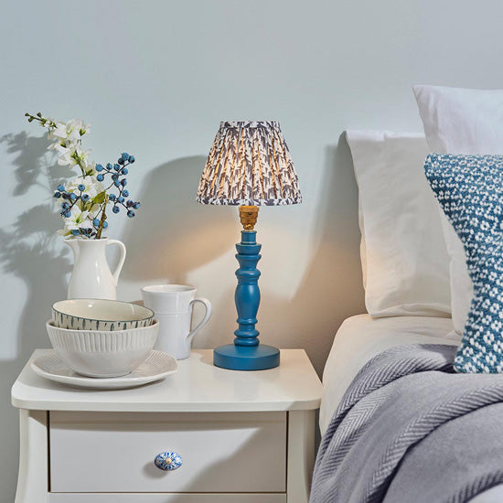 Bibury And Leaf 16cm Pearl Grey Fabric Shade Table Lamp In Satin Marlin Blue