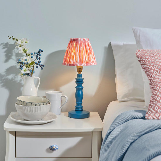 Bibury And Ikat 16cm Coral Pink Fabric Shade Table Lamp In Satin Marlin Blue