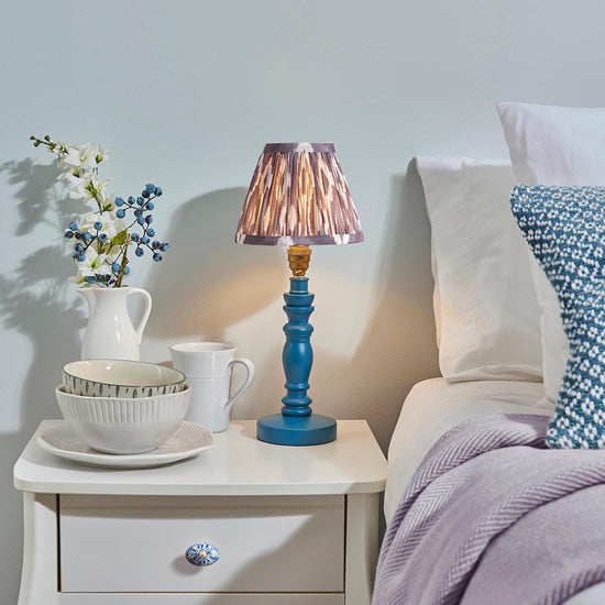 Bibury And Ikat 16cm Pearl Grey Fabric Shade Table Lamp In Satin Marlin Blue