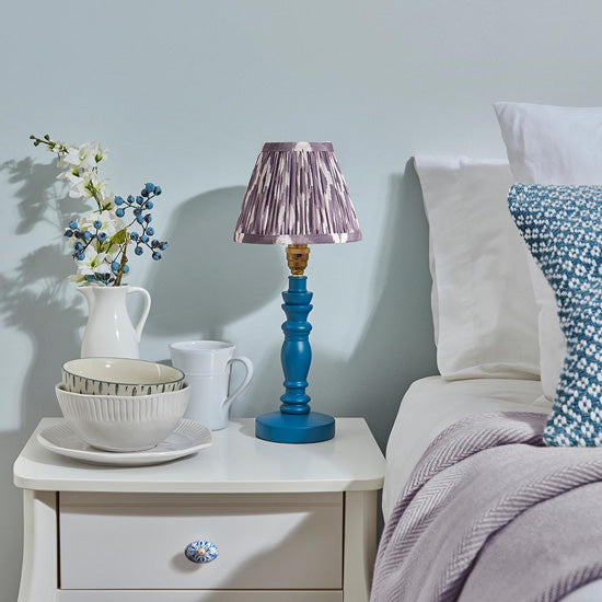 Bibury And Ikat 16cm Pearl Grey Fabric Shade Table Lamp In Satin Marlin Blue