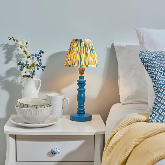 Bibury And Ikat 16cm Yellow And Jade Fabric Shade Table Lamp In Satin Marlin Blue