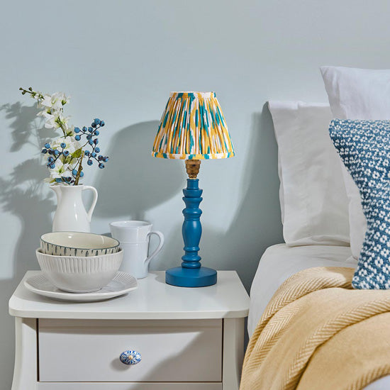 Bibury And Ikat 16cm Yellow And Jade Fabric Shade Table Lamp In Satin Marlin Blue