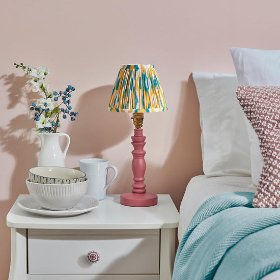 Bibury And Ikat 16cm Yellow And Jade Fabric Shade Table Lamp In Satin Pink Clay