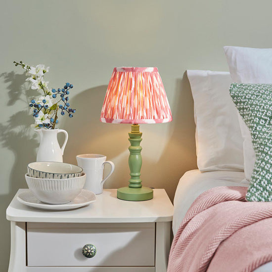 Bibury And Ikat 20cm Coral Pink Fabric Shade Table Lamp In Satin Cotswold Green