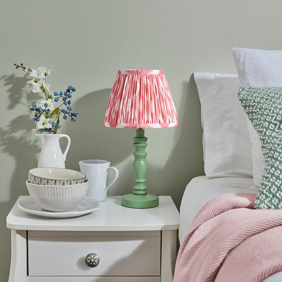 Bibury And Ikat 20cm Coral Pink Fabric Shade Table Lamp In Satin Cotswold Green