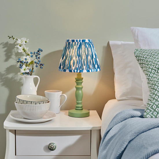 Bibury And Ikat 20cm Marlin Blue Fabric Shade Table Lamp In Satin Cotswold Green