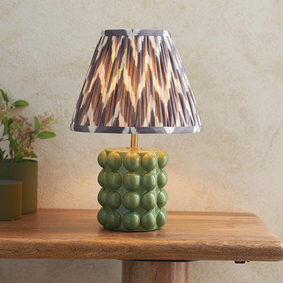 Bobble And Zigzag 25cm Pearl Grey Fabric Shade Table Lamp In Olive Green Bobble Ceramic Base