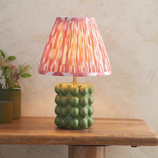 Bobble And Ikat 25cm Coral Pink Fabric Shade Table Lamp In Olive Green Bobble Ceramic Base