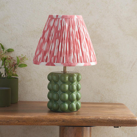 Bobble And Ikat 25cm Coral Pink Fabric Shade Table Lamp In Olive Green Bobble Ceramic Base