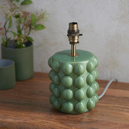 Bobble And Ripple 25cm Pearl Grey Fabric Shade Table Lamp In Olive Green Bobble Ceramic Base