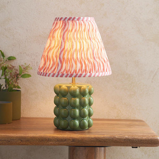 Bobble And Ripple 25cm Coral Pink Fabric Shade Table Lamp In Olive Green Bobble Ceramic Base