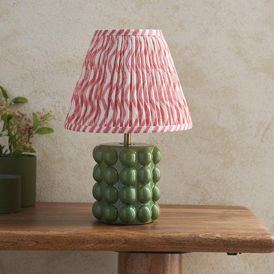 Bobble And Ripple 25cm Coral Pink Fabric Shade Table Lamp In Olive Green Bobble Ceramic Base