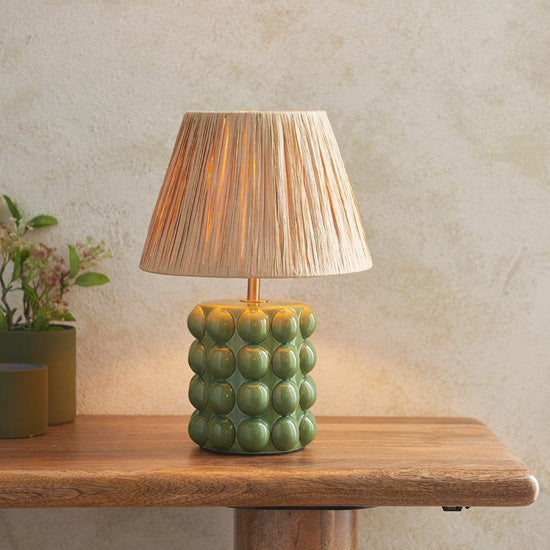 Bobble And Raffia 24cm Natural Raffia Fabric Shade Table Lamp In Olive Green Bobble Ceramic Base