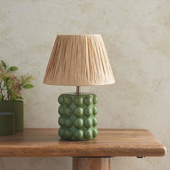 Bobble And Raffia 24cm Natural Raffia Fabric Shade Table Lamp In Olive Green Bobble Ceramic Base