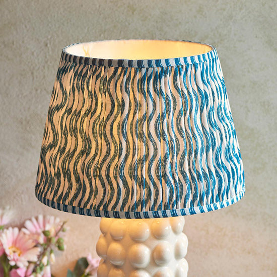 Bobble And Ripple 35cm Marlin Blue Fabric Shade Table Lamp In Gloss White Ceramic Base