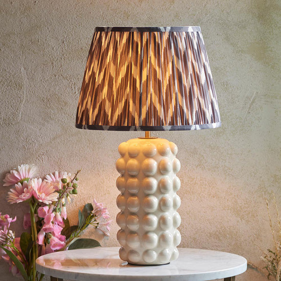 Bobble And Zigzag 35cm Pearl Grey Fabric Shade Table Lamp In Gloss White Ceramic Base