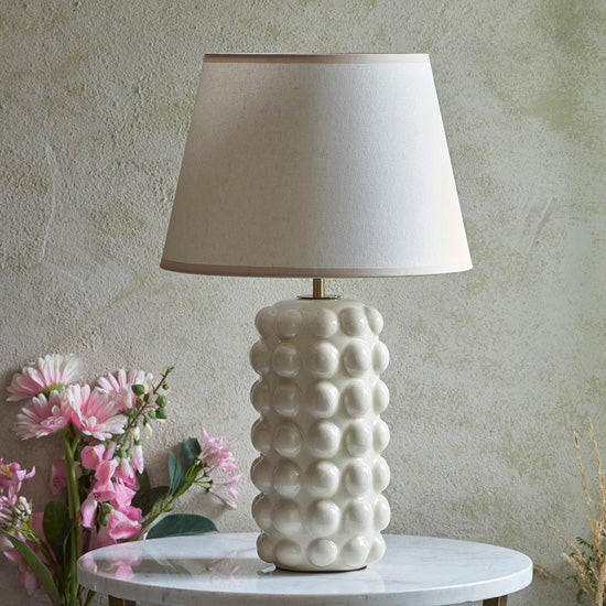 Bobble And Ivy 35cm Vintage White Fabric Shade Table Lamp In Gloss White Ceramic Base