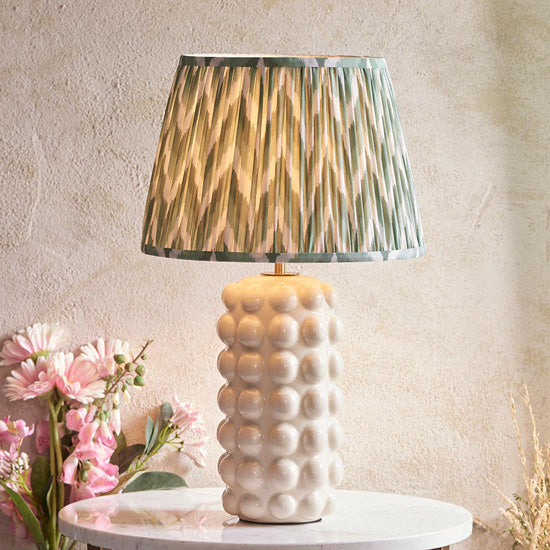 Bobble And Zigzag 35cm Cotswold Green Fabric Shade Table Lamp In Gloss White Ceramic Base