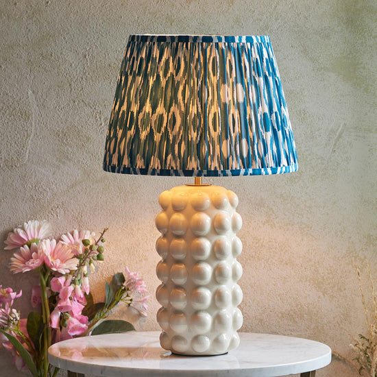 Bobble And Ikat 35cm Marlin Blue Fabric Shade Table Lamp In Gloss White Ceramic Base