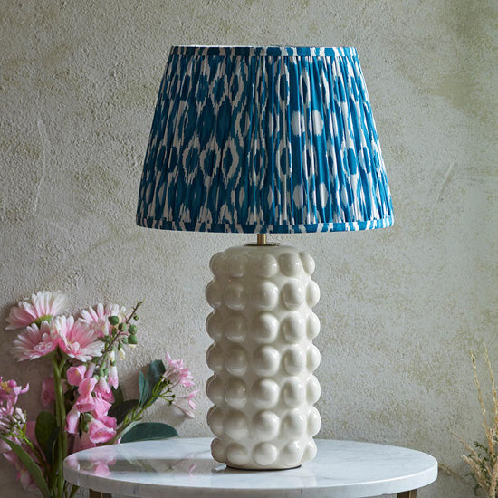 Bobble And Ikat 35cm Marlin Blue Fabric Shade Table Lamp In Gloss White Ceramic Base