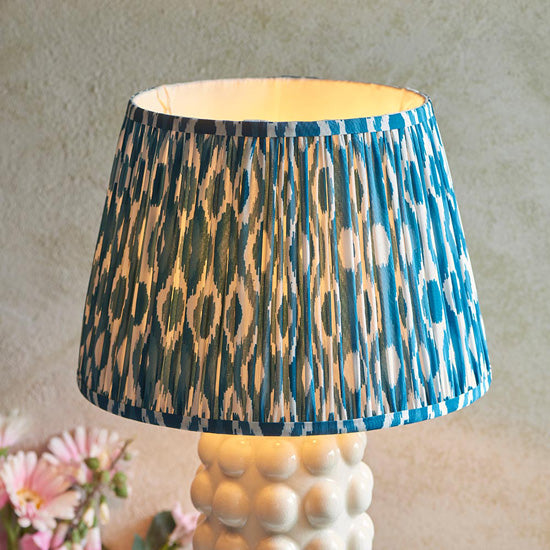 Bobble And Ikat 35cm Marlin Blue Fabric Shade Table Lamp In Gloss White Ceramic Base