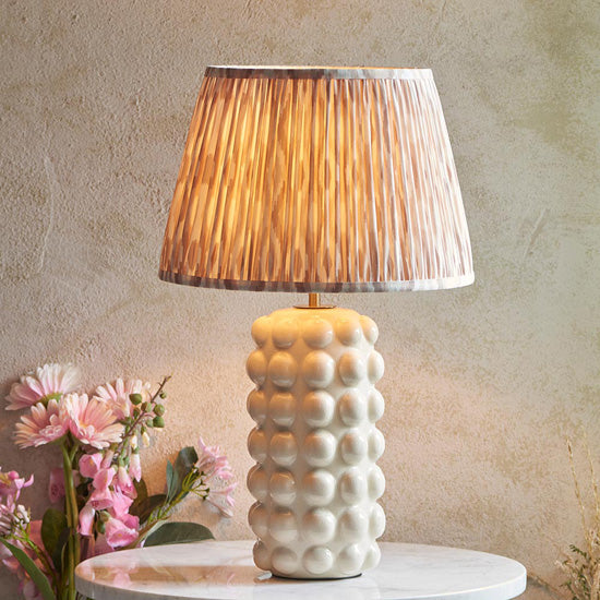 Bobble And Ikat 35cm Neutral Fabric Shade Table Lamp In Gloss White Ceramic Base