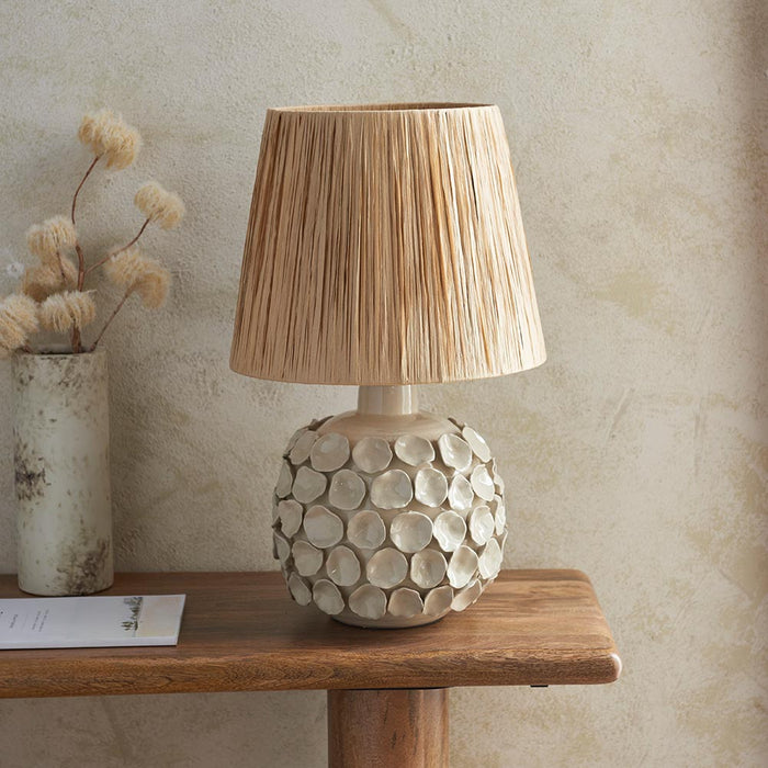 Borello And Raffia 32cm Natural Raffia Shade Table Lamp With Ivory Crackle Ceramic Base