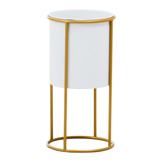 Trosa Small Metal Floor Standing Planter In White And Gold