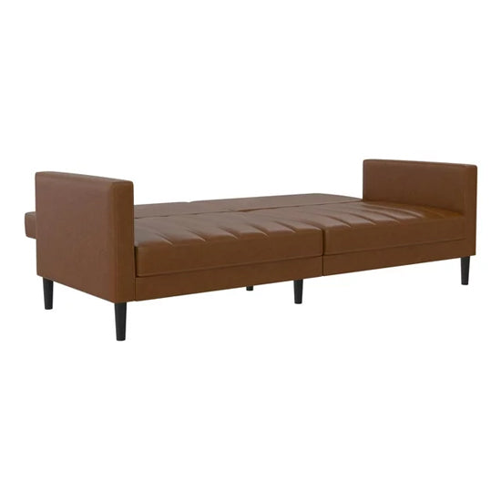 Liam Faux Leather Futon Sofa Bed In Camel With Solid Wood Legs