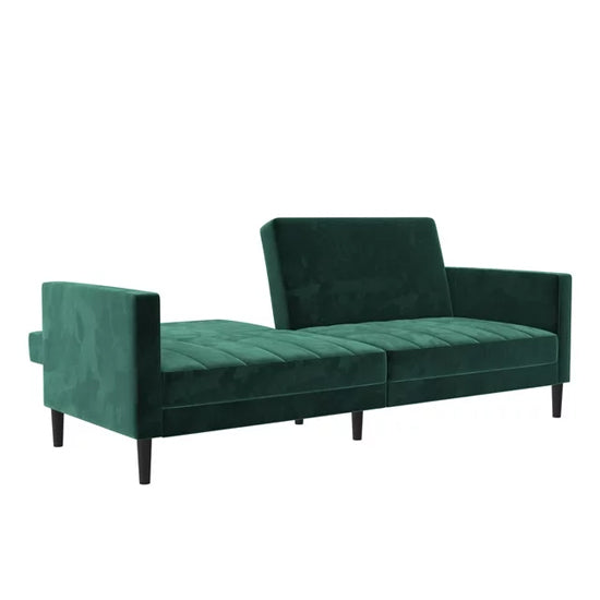 Liam Velvet Futon Sofa Bed In Green With Solid Wood Legs