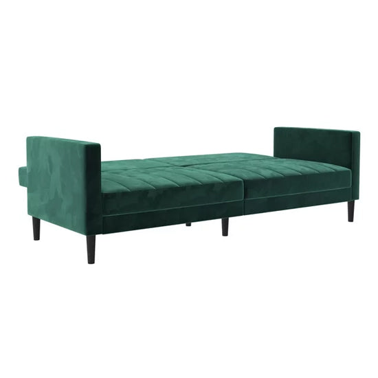 Liam Velvet Futon Sofa Bed In Green With Solid Wood Legs